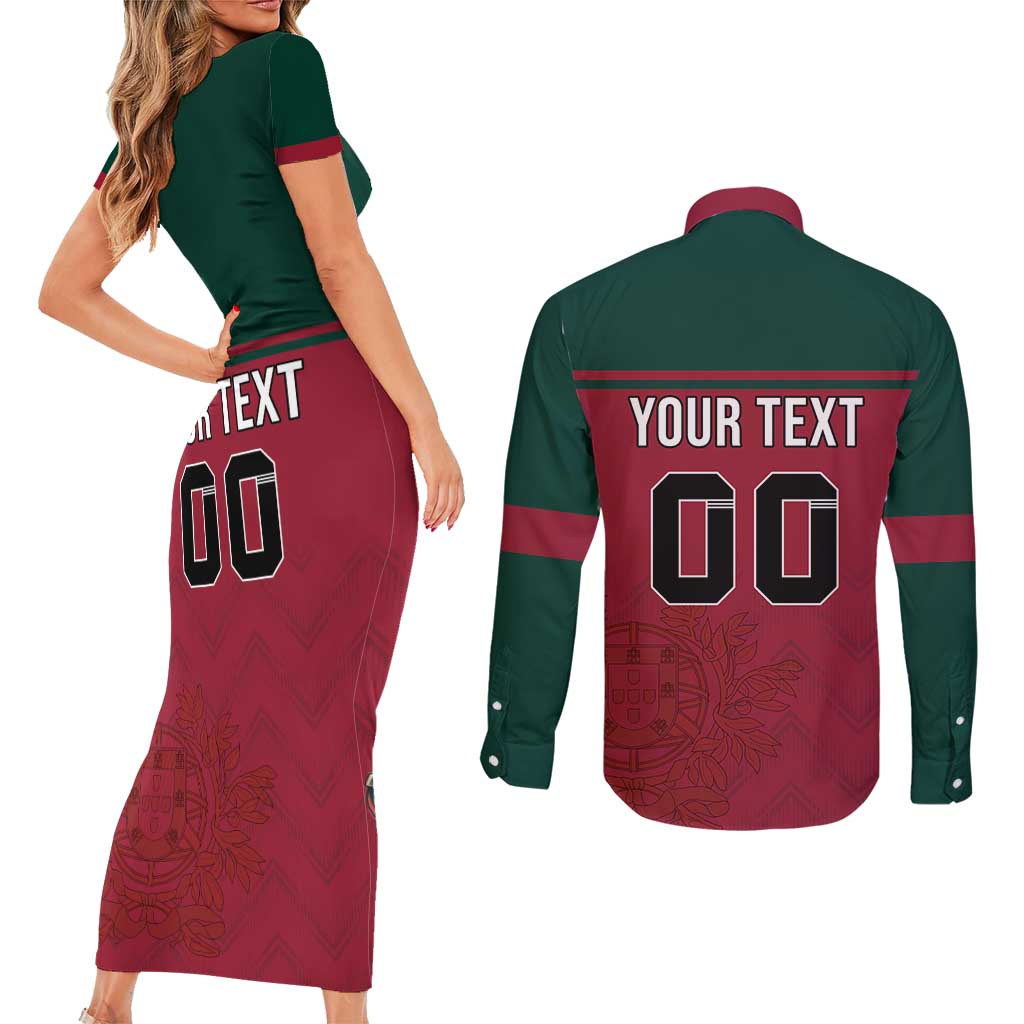 Custom Portugal Rugby Couples Matching Short Sleeve Bodycon Dress and Long Sleeve Button Shirt Go Os Lobos Wolves Mascot