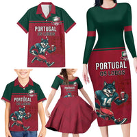 Custom Portugal Rugby Family Matching Long Sleeve Bodycon Dress and Hawaiian Shirt Go Os Lobos Wolves Mascot