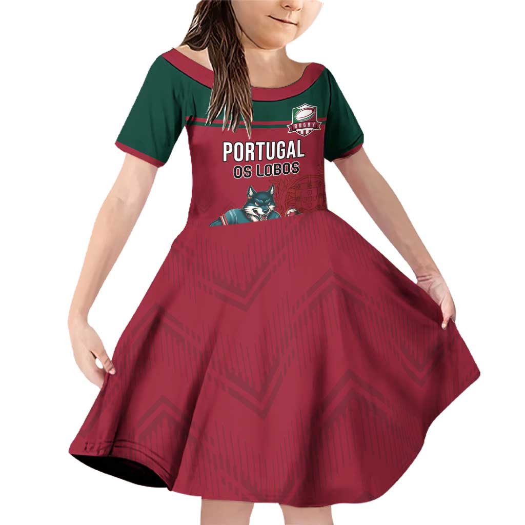 Custom Portugal Rugby Family Matching Off Shoulder Short Dress and Hawaiian Shirt Go Os Lobos Wolves Mascot