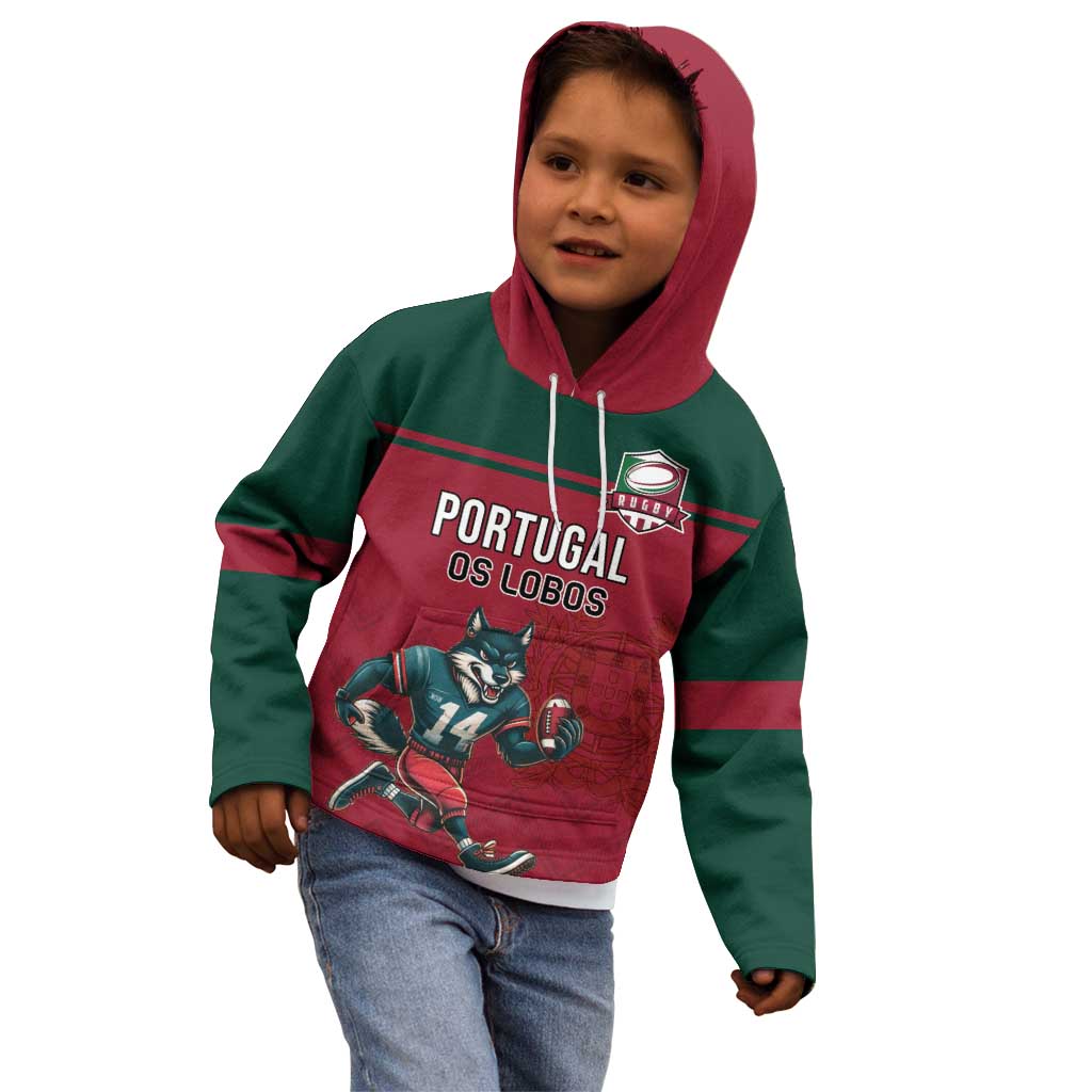 Custom Portugal Rugby Kid Hoodie Go Os Lobos Wolves Mascot