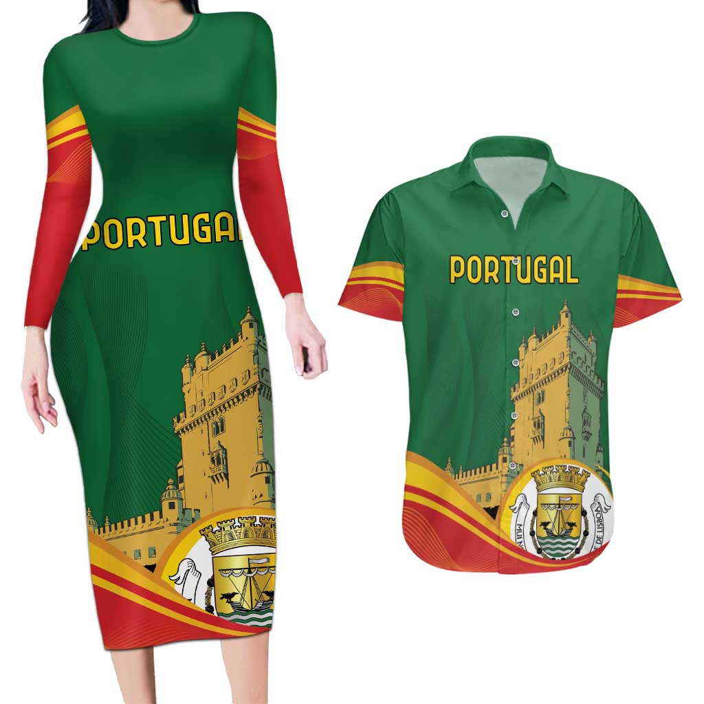 Personalized Portugal Belem Tower Couples Matching Long Sleeve Bodycon Dress and Hawaiian Shirt Mui Nobre e Sempre Leal