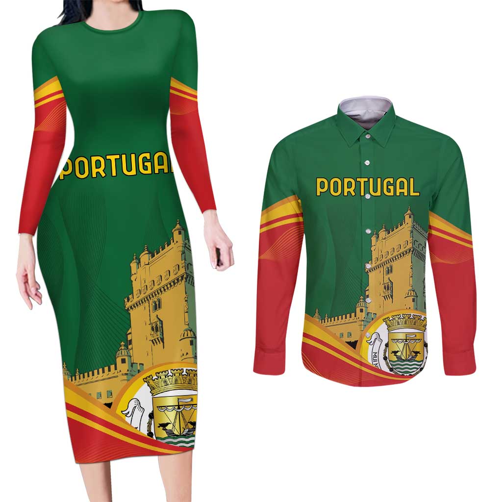 Personalized Portugal Belem Tower Couples Matching Long Sleeve Bodycon Dress and Long Sleeve Button Shirt Mui Nobre e Sempre Leal