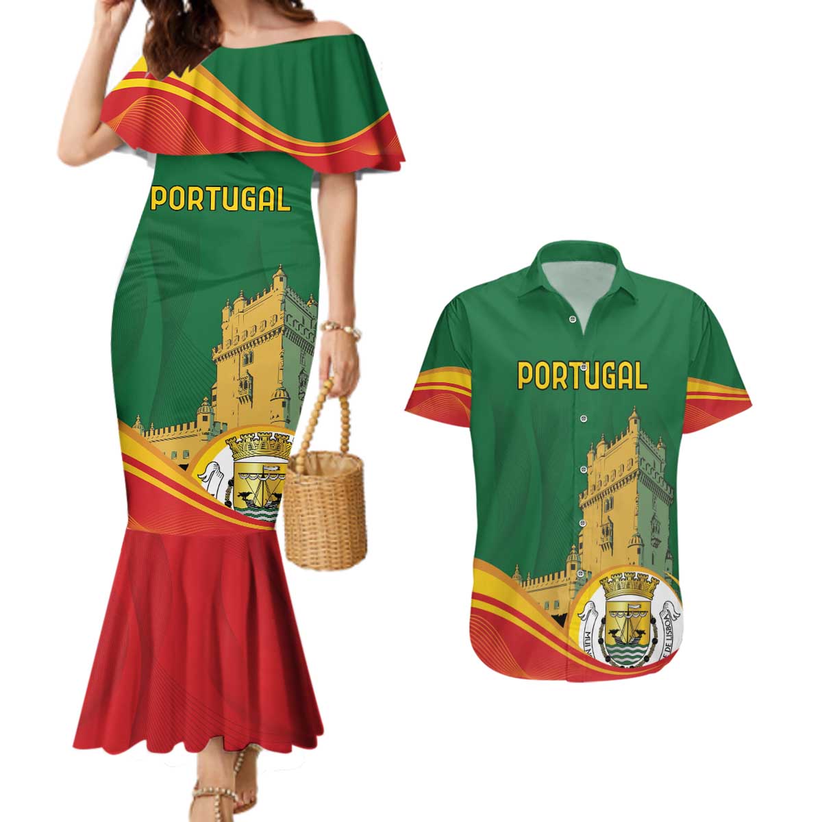 Personalized Portugal Belem Tower Couples Matching Mermaid Dress and Hawaiian Shirt Mui Nobre e Sempre Leal