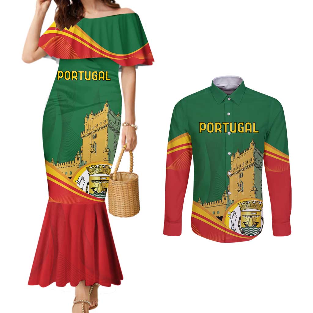 Personalized Portugal Belem Tower Couples Matching Mermaid Dress and Long Sleeve Button Shirt Mui Nobre e Sempre Leal