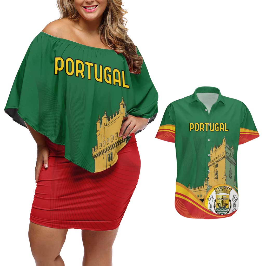 Personalized Portugal Belem Tower Couples Matching Off Shoulder Short Dress and Hawaiian Shirt Mui Nobre e Sempre Leal