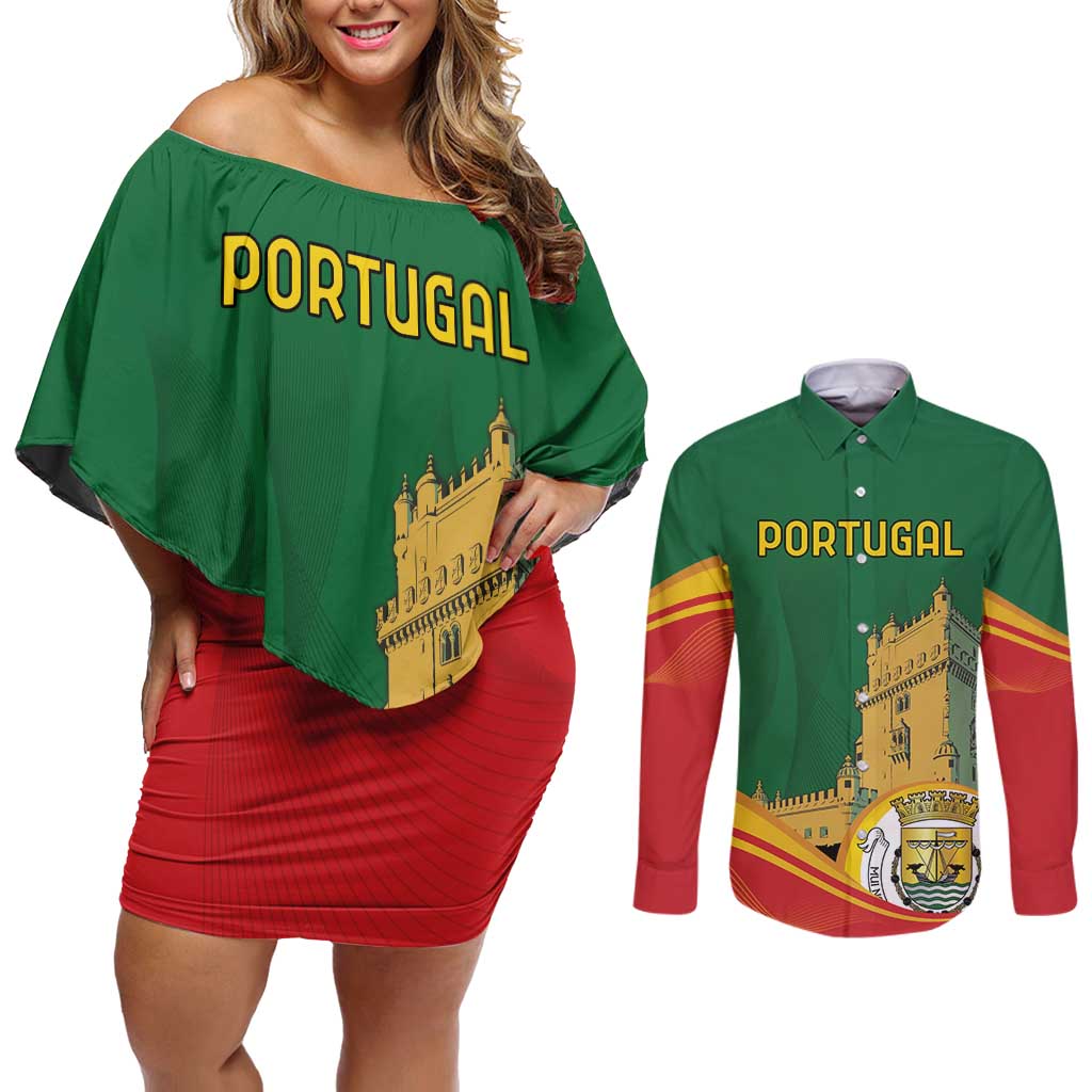 Personalized Portugal Belem Tower Couples Matching Off Shoulder Short Dress and Long Sleeve Button Shirt Mui Nobre e Sempre Leal