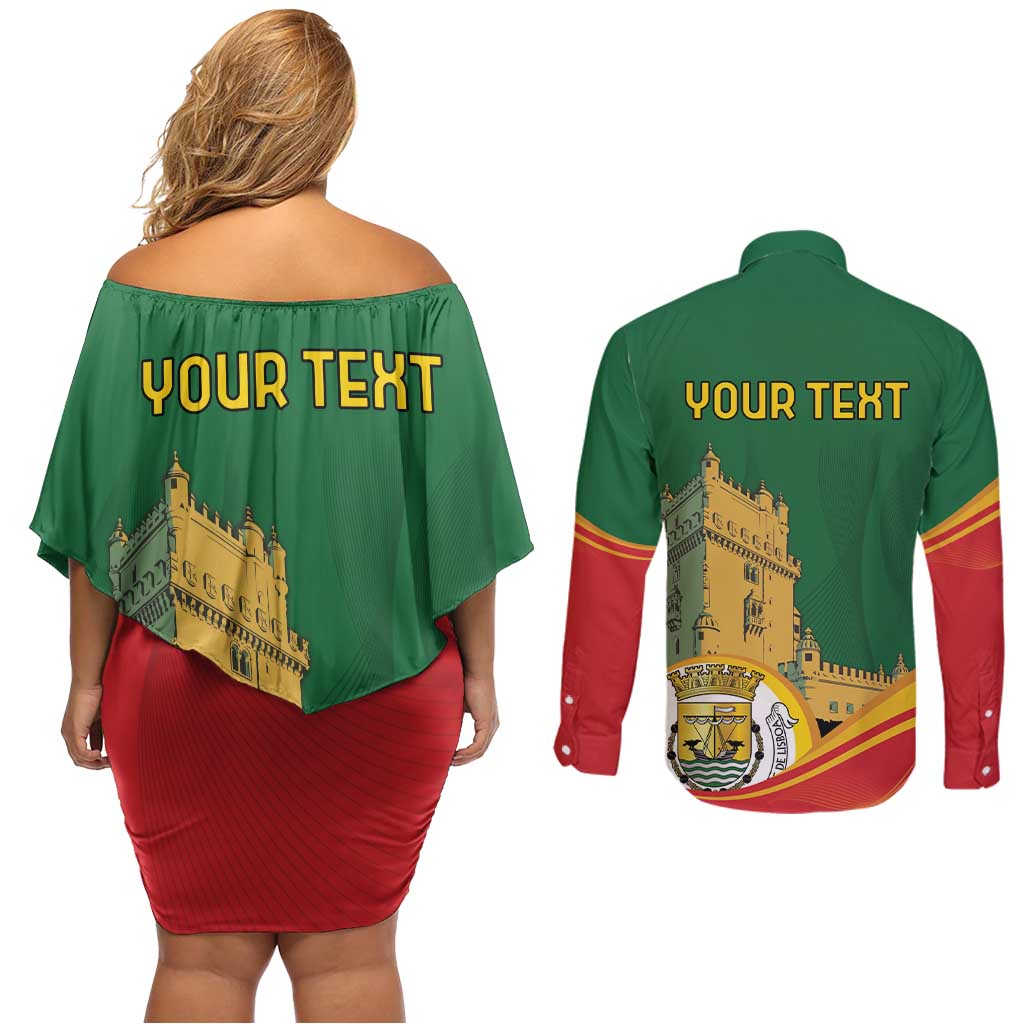 Personalized Portugal Belem Tower Couples Matching Off Shoulder Short Dress and Long Sleeve Button Shirt Mui Nobre e Sempre Leal