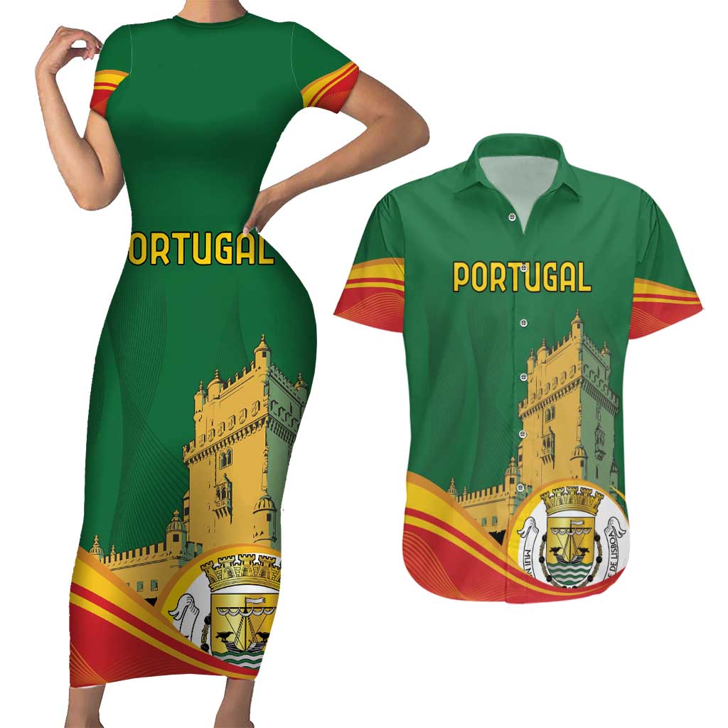Personalized Portugal Belem Tower Couples Matching Short Sleeve Bodycon Dress and Hawaiian Shirt Mui Nobre e Sempre Leal