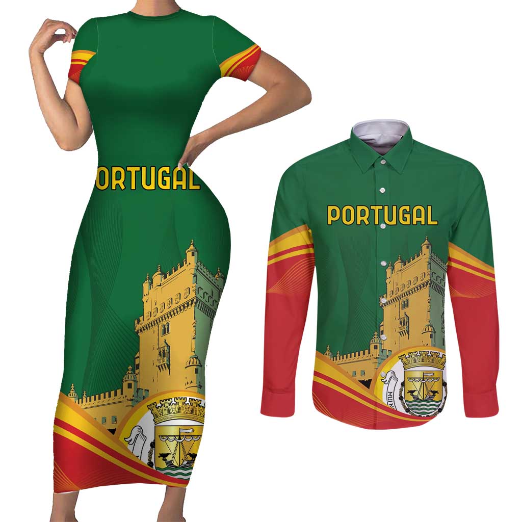 Personalized Portugal Belem Tower Couples Matching Short Sleeve Bodycon Dress and Long Sleeve Button Shirt Mui Nobre e Sempre Leal