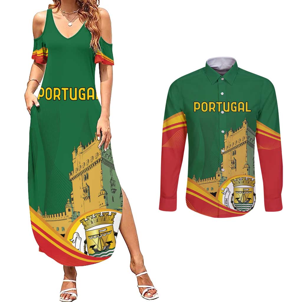 Personalized Portugal Belem Tower Couples Matching Summer Maxi Dress and Long Sleeve Button Shirt Mui Nobre e Sempre Leal