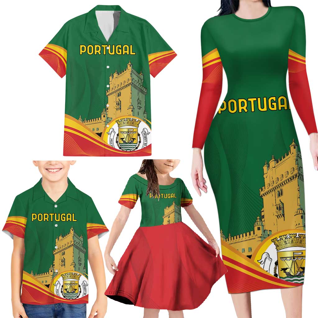 Personalized Portugal Belem Tower Family Matching Long Sleeve Bodycon Dress and Hawaiian Shirt Mui Nobre e Sempre Leal