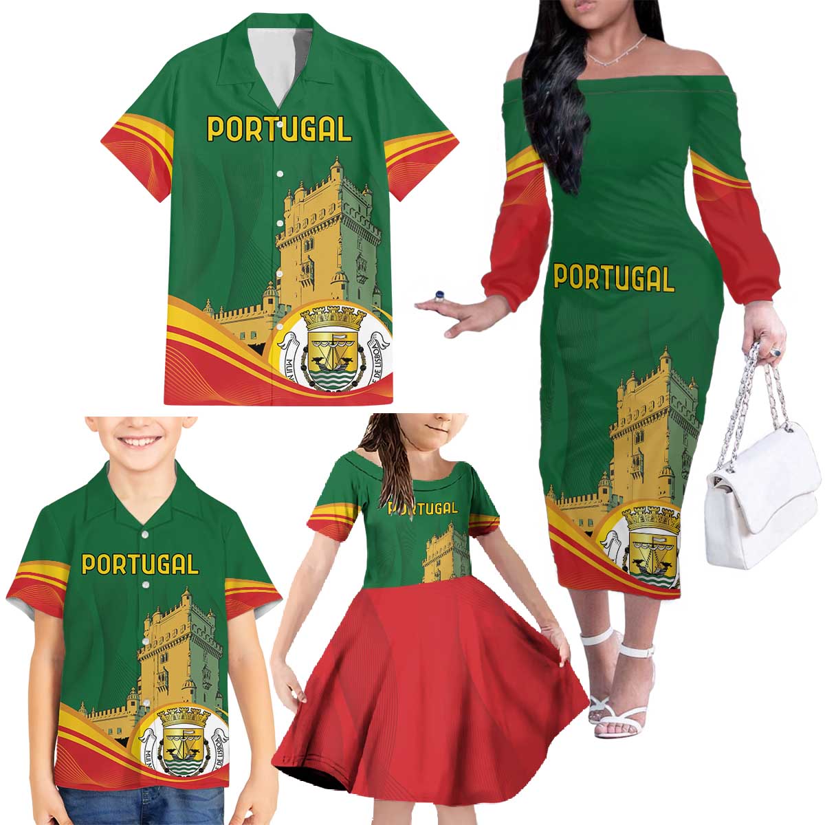 Personalized Portugal Belem Tower Family Matching Off The Shoulder Long Sleeve Dress and Hawaiian Shirt Mui Nobre e Sempre Leal