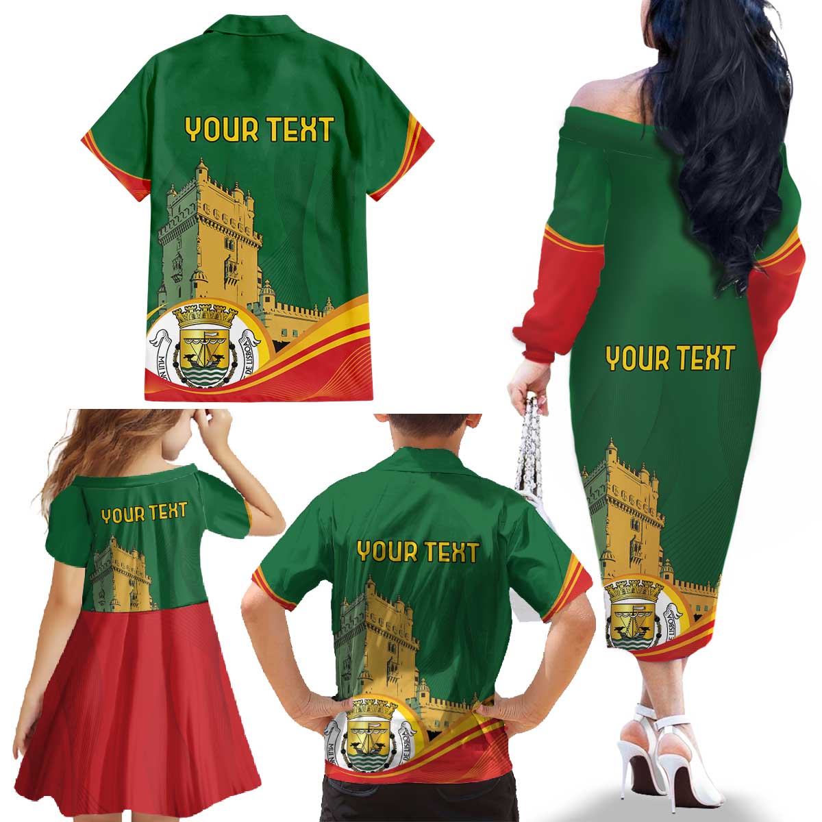 Personalized Portugal Belem Tower Family Matching Off The Shoulder Long Sleeve Dress and Hawaiian Shirt Mui Nobre e Sempre Leal