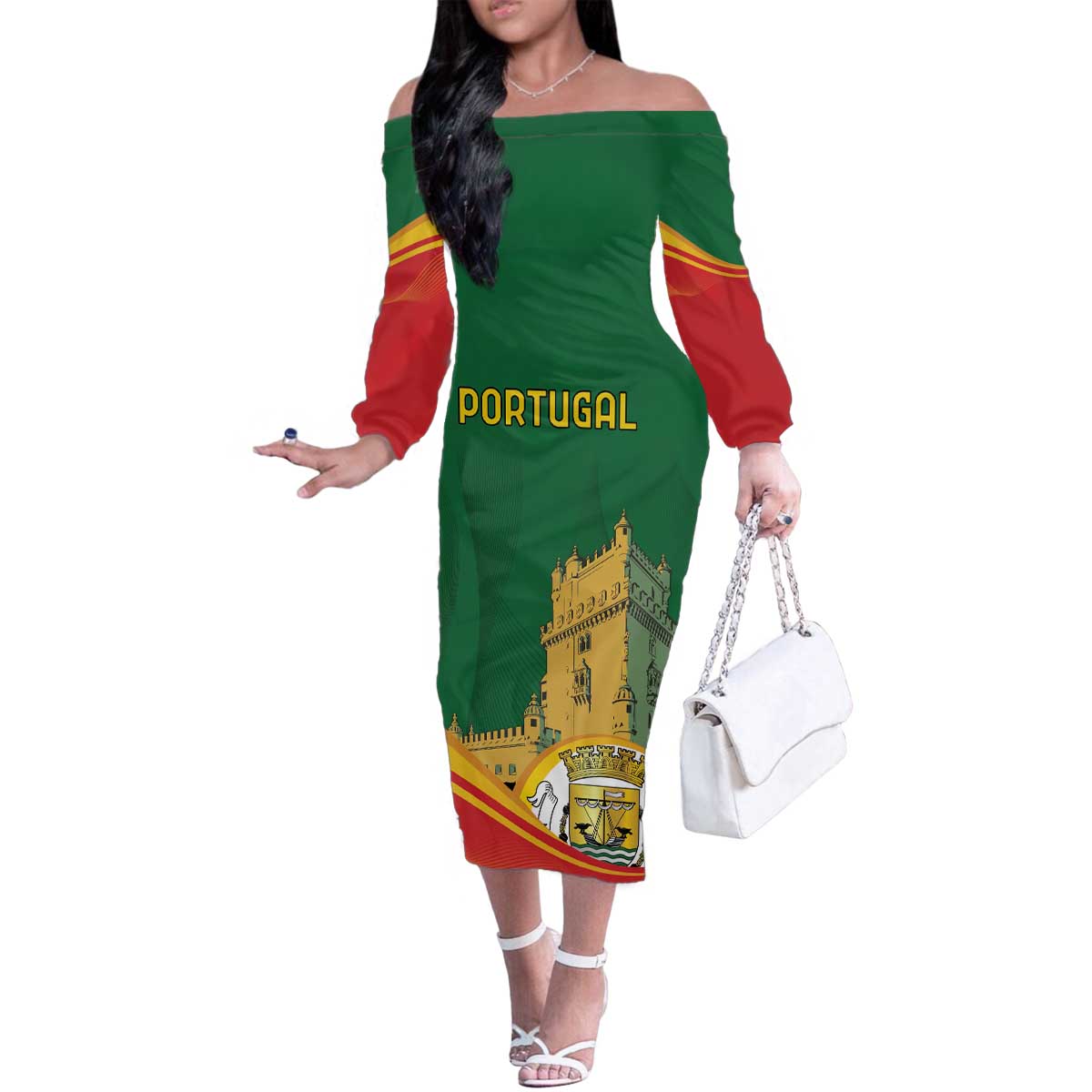 Personalized Portugal Belem Tower Family Matching Off The Shoulder Long Sleeve Dress and Hawaiian Shirt Mui Nobre e Sempre Leal