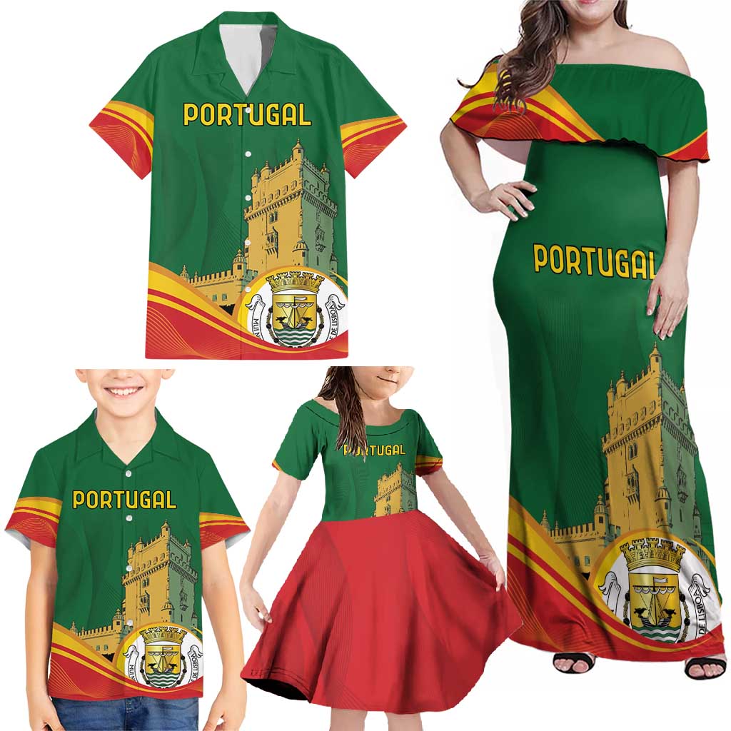 Personalized Portugal Belem Tower Family Matching Off Shoulder Maxi Dress and Hawaiian Shirt Mui Nobre e Sempre Leal