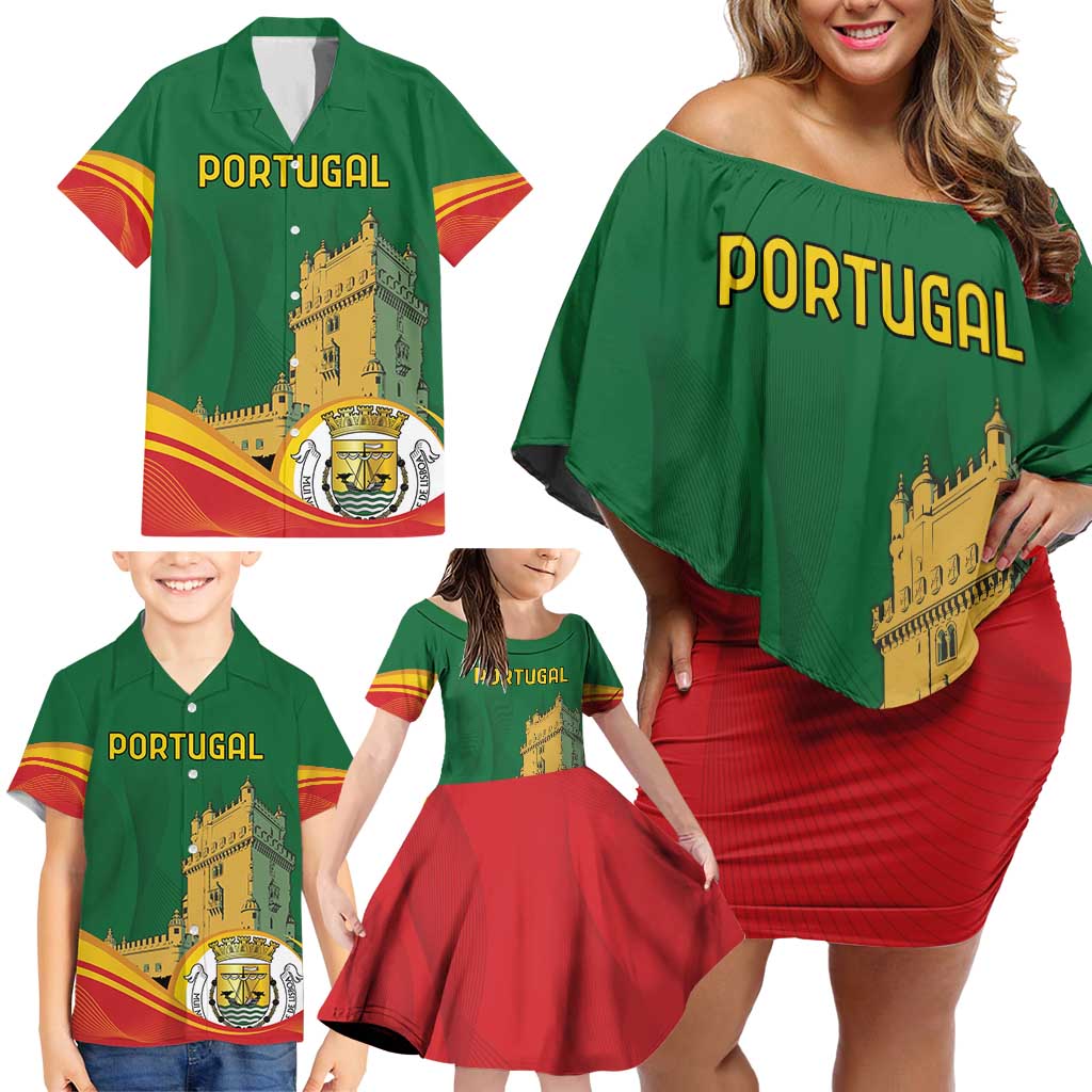 Personalized Portugal Belem Tower Family Matching Off Shoulder Short Dress and Hawaiian Shirt Mui Nobre e Sempre Leal