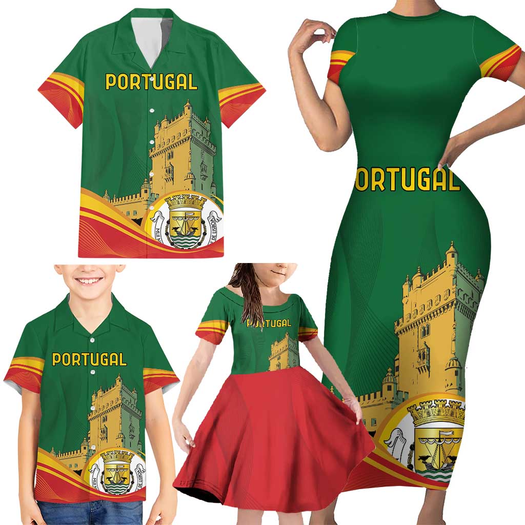 Personalized Portugal Belem Tower Family Matching Short Sleeve Bodycon Dress and Hawaiian Shirt Mui Nobre e Sempre Leal