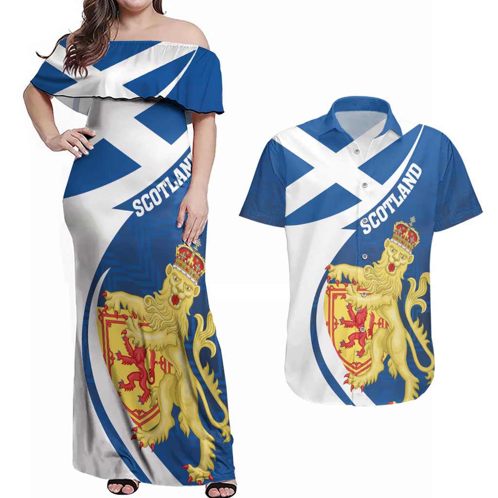 Personalized Scotland Couples Matching Off Shoulder Maxi Dress and Hawaiian Shirt Lion Rampant Flag Style