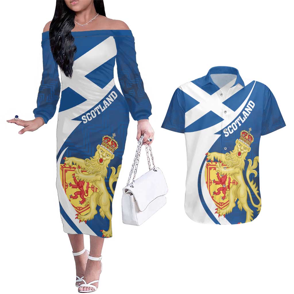 Personalized Scotland Couples Matching Off The Shoulder Long Sleeve Dress and Hawaiian Shirt Lion Rampant Flag Style