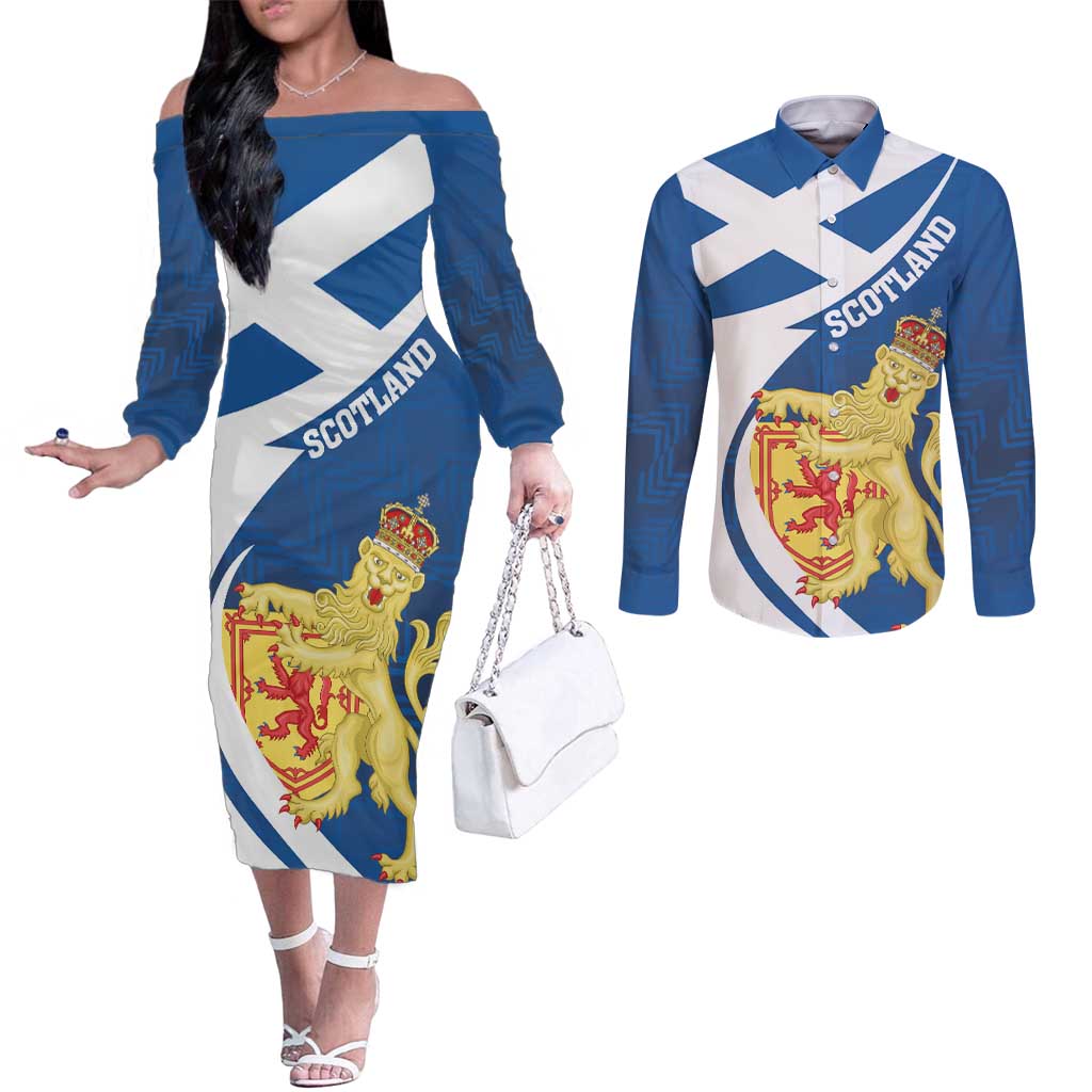Personalized Scotland Couples Matching Off The Shoulder Long Sleeve Dress and Long Sleeve Button Shirt Lion Rampant Flag Style