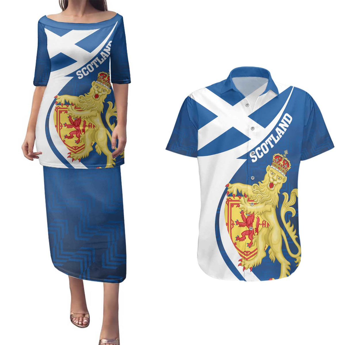 Personalized Scotland Couples Matching Puletasi and Hawaiian Shirt Lion Rampant Flag Style