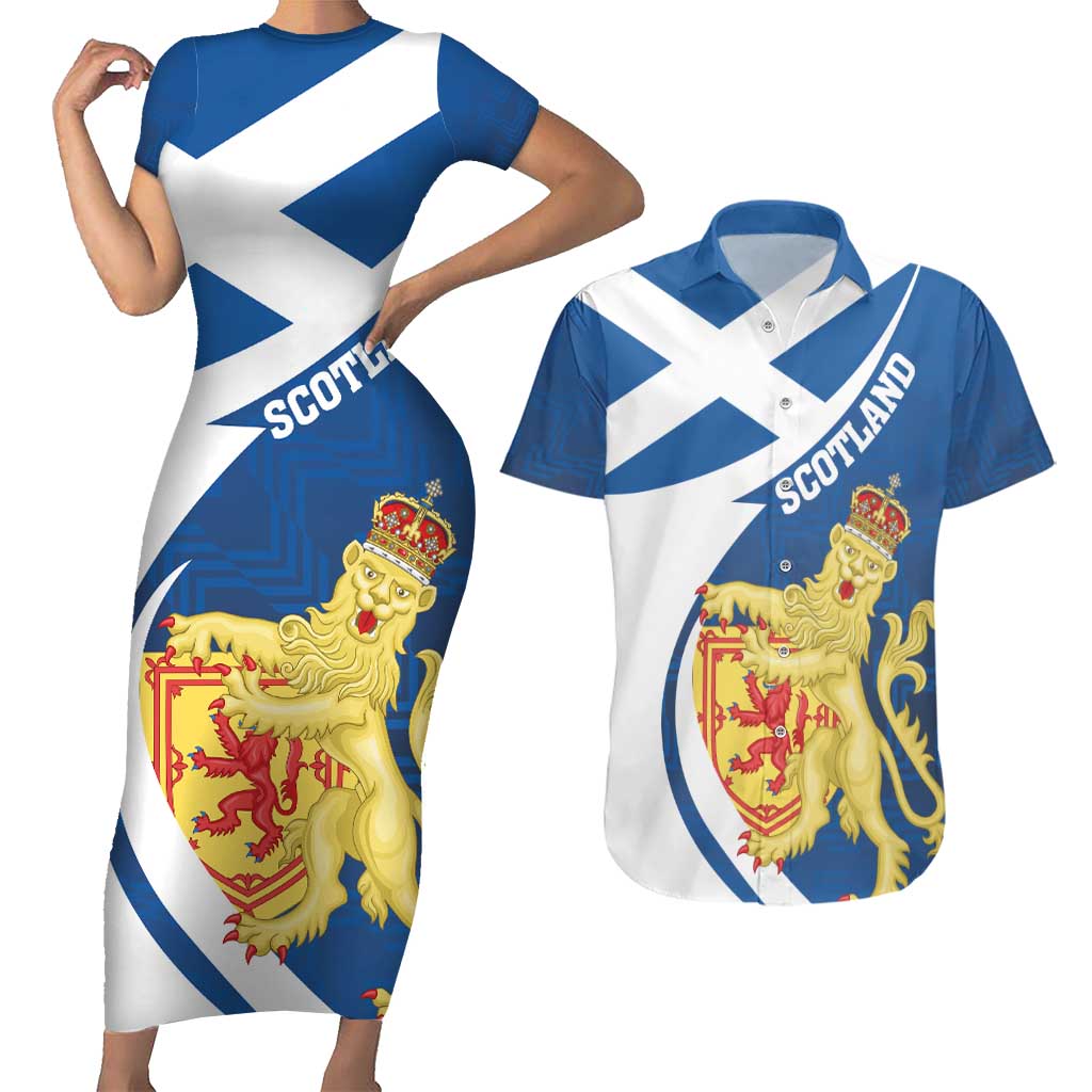 Personalized Scotland Couples Matching Short Sleeve Bodycon Dress and Hawaiian Shirt Lion Rampant Flag Style