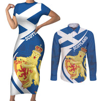 Personalized Scotland Couples Matching Short Sleeve Bodycon Dress and Long Sleeve Button Shirt Lion Rampant Flag Style
