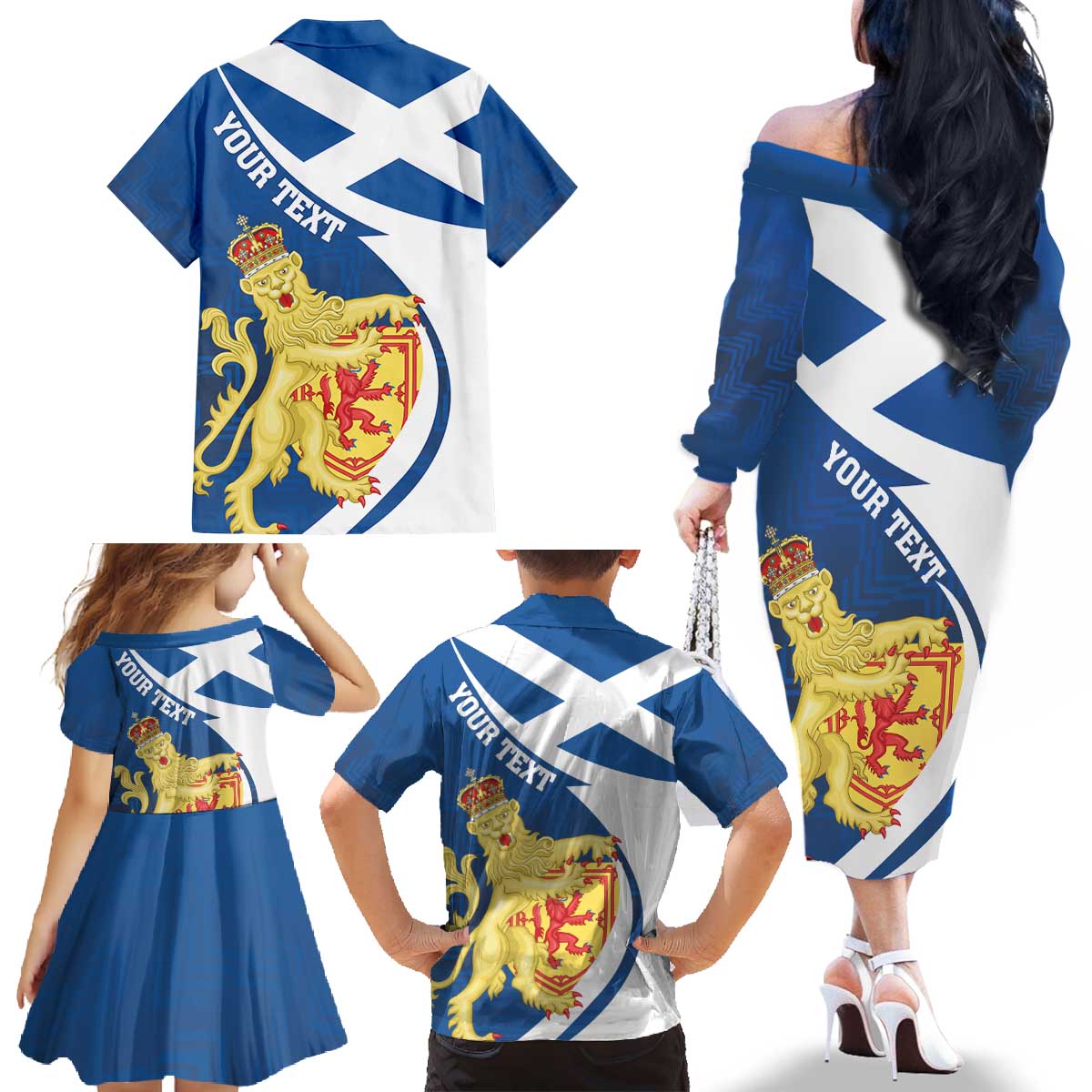 Personalized Scotland Family Matching Off The Shoulder Long Sleeve Dress and Hawaiian Shirt Lion Rampant Flag Style