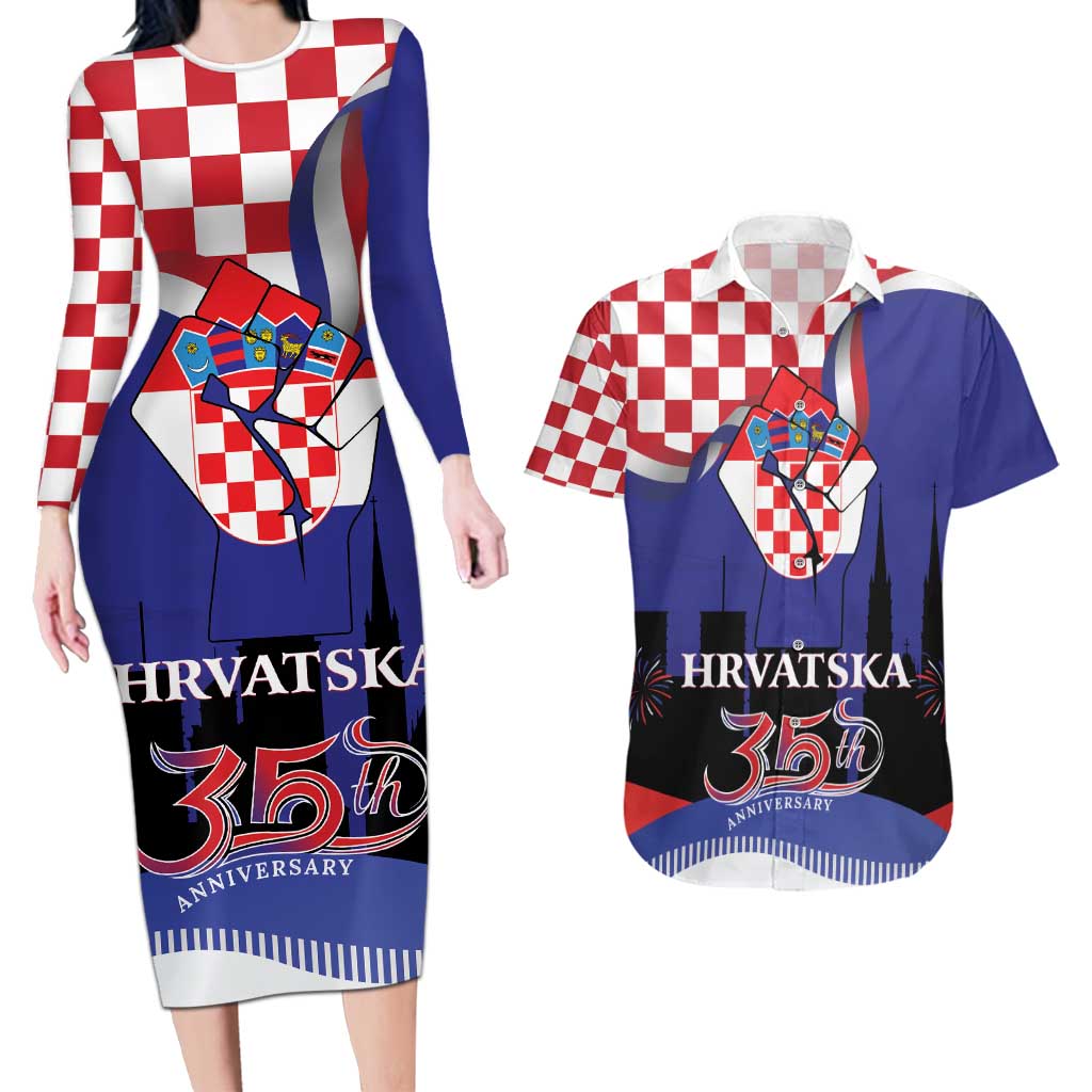 Croatia Independence Day Couples Matching Long Sleeve Bodycon Dress and Hawaiian Shirt Hrvatska Checkerboard 35th Anniversary