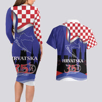 Croatia Independence Day Couples Matching Long Sleeve Bodycon Dress and Hawaiian Shirt Hrvatska Checkerboard 35th Anniversary
