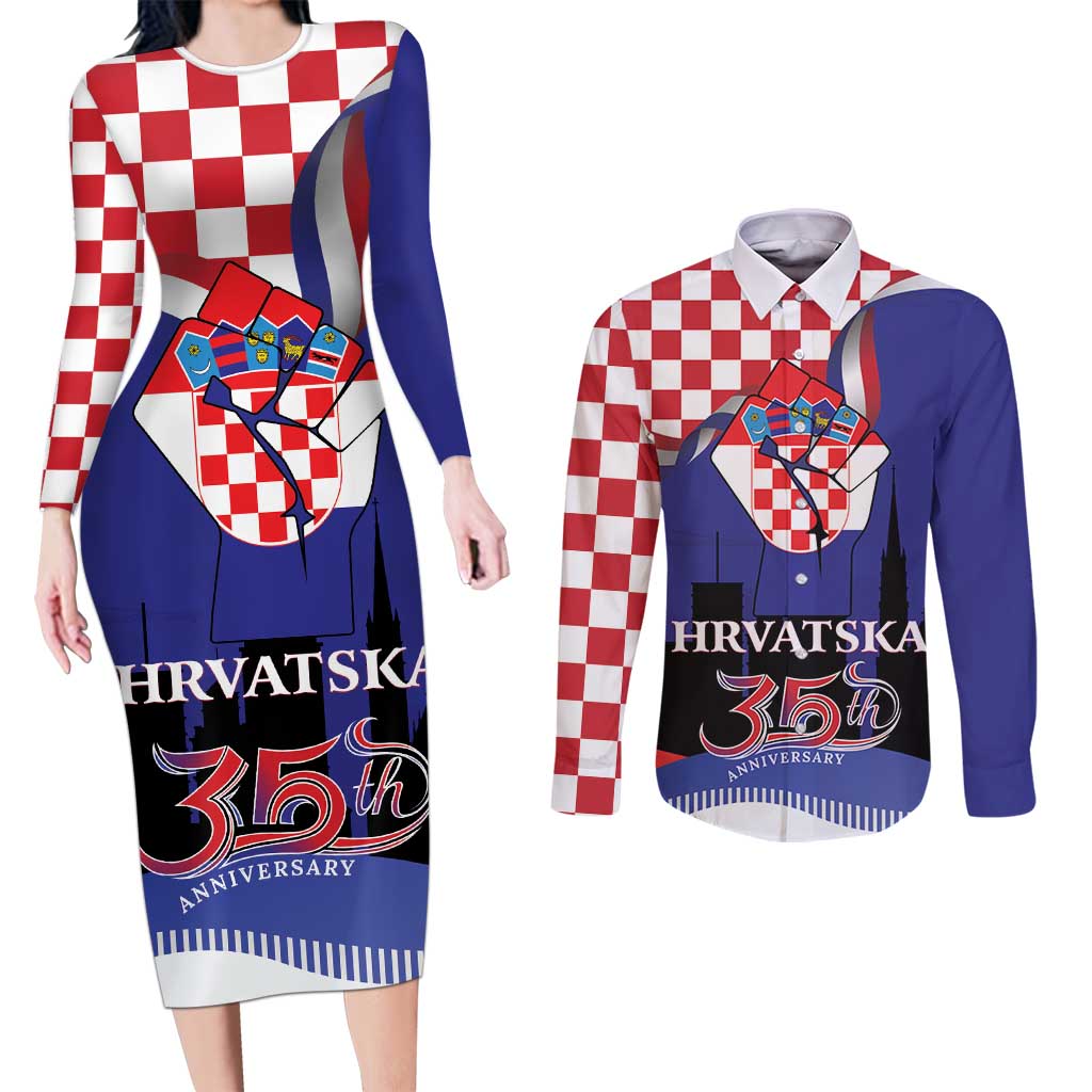 Croatia Independence Day Couples Matching Long Sleeve Bodycon Dress and Long Sleeve Button Shirt Hrvatska Checkerboard 35th Anniversary