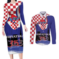 Croatia Independence Day Couples Matching Long Sleeve Bodycon Dress and Long Sleeve Button Shirt Hrvatska Checkerboard 35th Anniversary