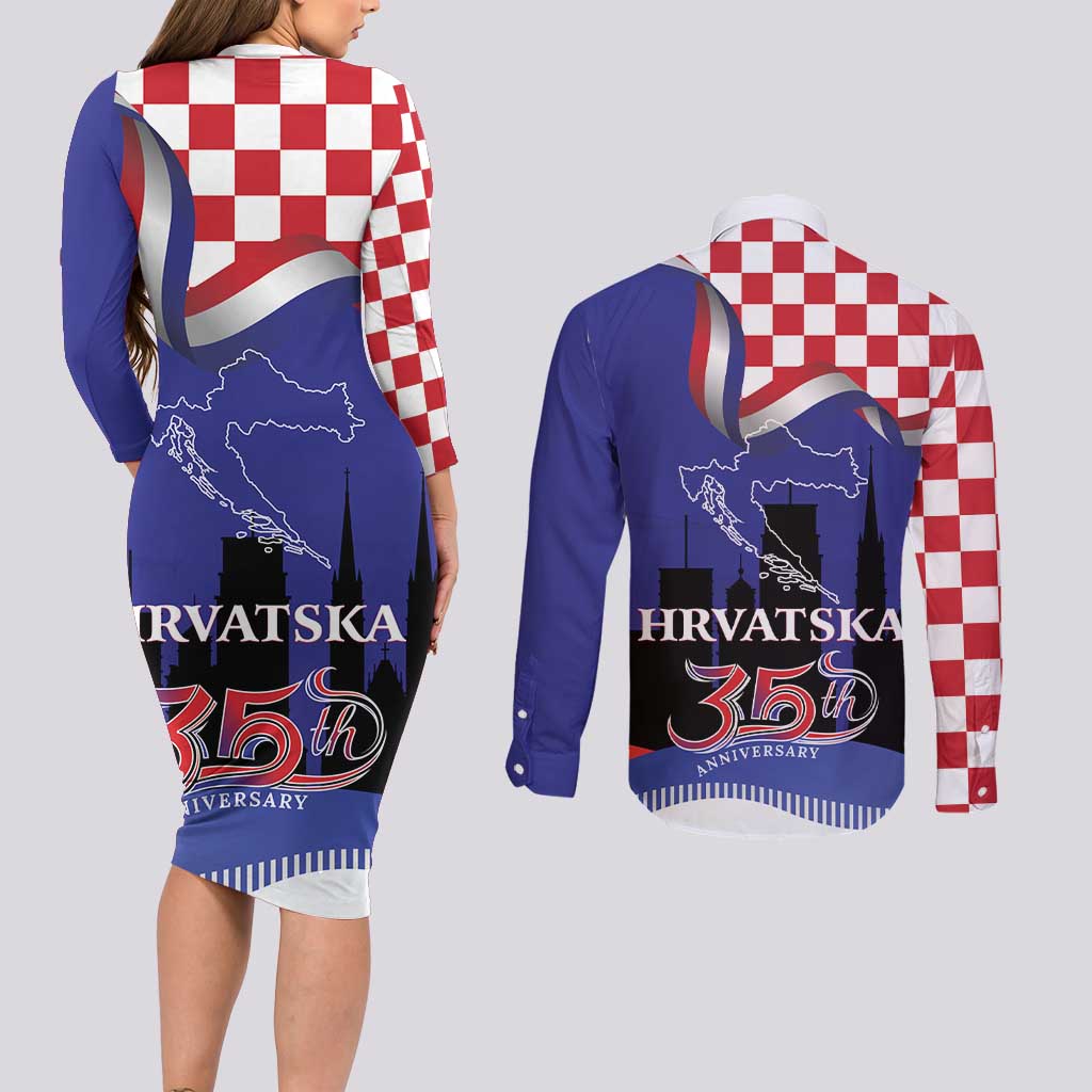 Croatia Independence Day Couples Matching Long Sleeve Bodycon Dress and Long Sleeve Button Shirt Hrvatska Checkerboard 35th Anniversary