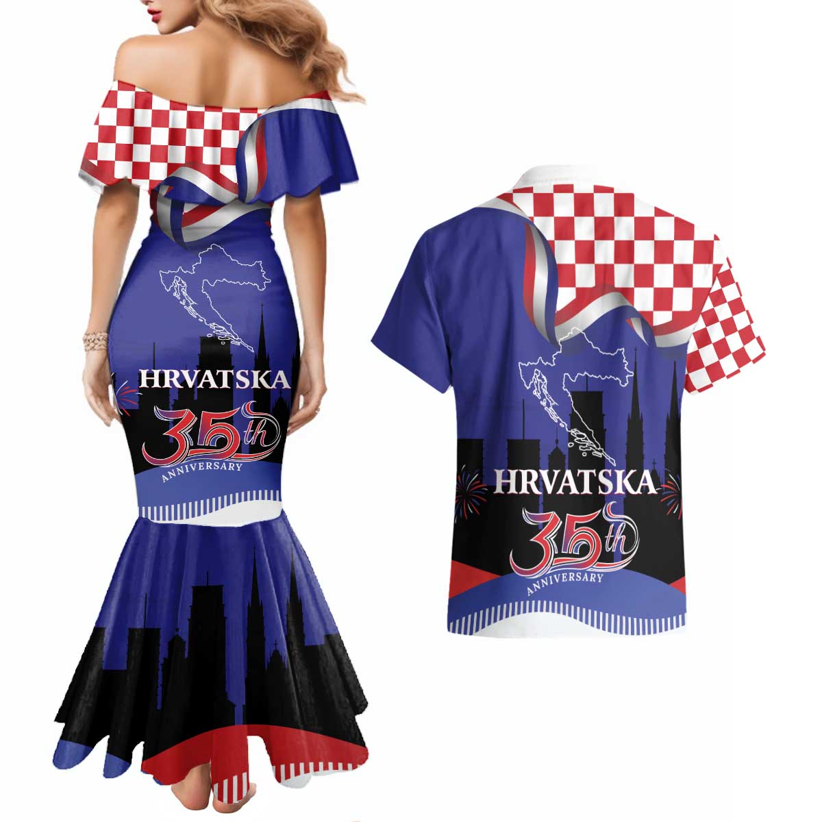 Croatia Independence Day Couples Matching Mermaid Dress and Hawaiian Shirt Hrvatska Checkerboard 35th Anniversary