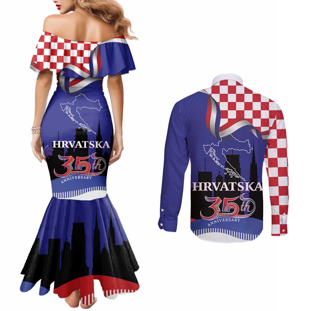 Croatia Independence Day Couples Matching Mermaid Dress and Long Sleeve Button Shirt Hrvatska Checkerboard 35th Anniversary