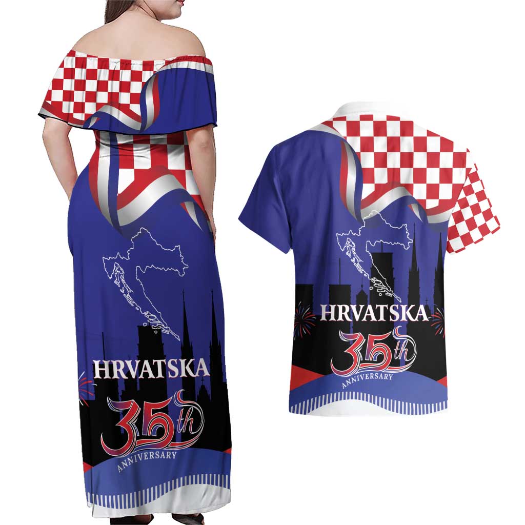 Croatia Independence Day Couples Matching Off Shoulder Maxi Dress and Hawaiian Shirt Hrvatska Checkerboard 35th Anniversary