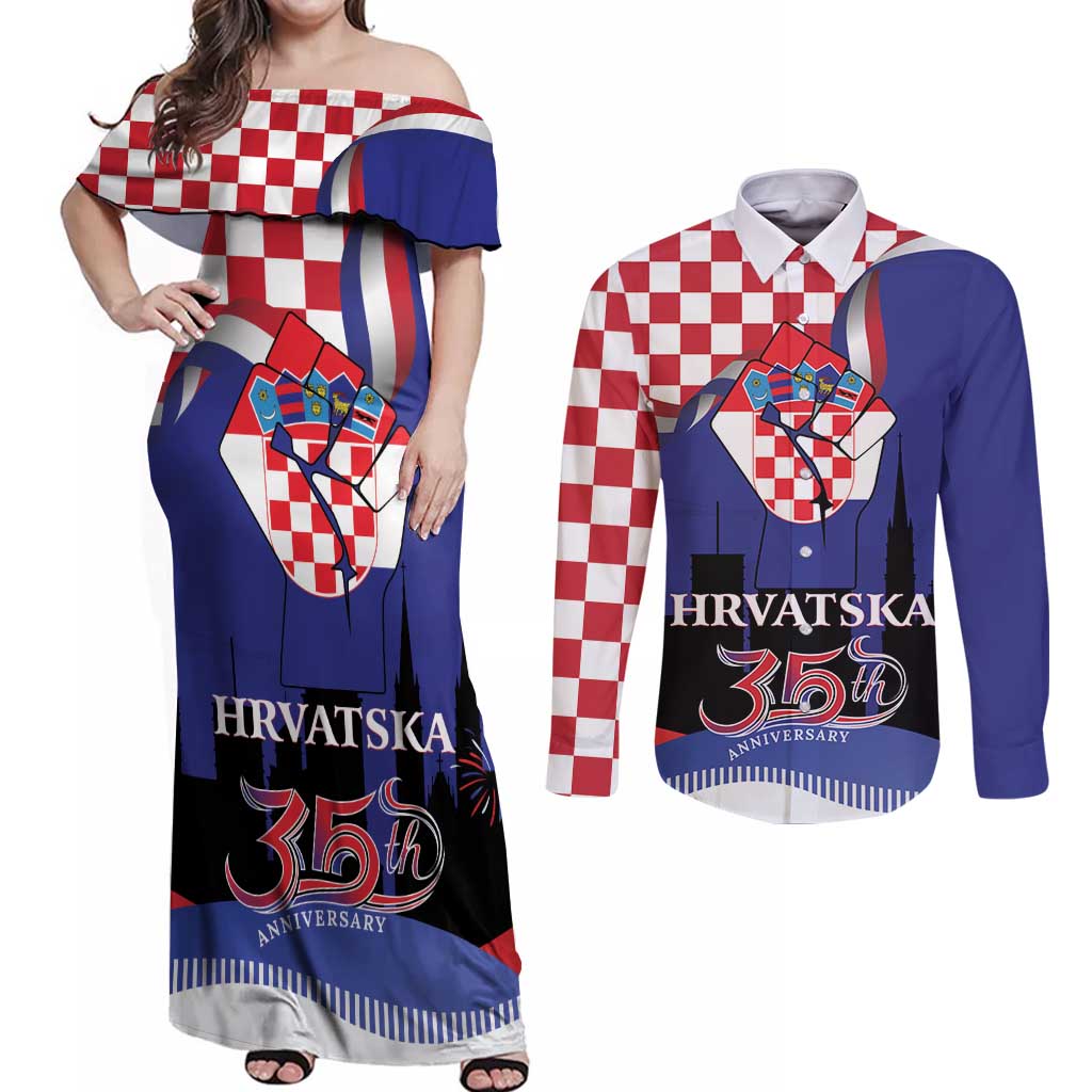Croatia Independence Day Couples Matching Off Shoulder Maxi Dress and Long Sleeve Button Shirt Hrvatska Checkerboard 35th Anniversary