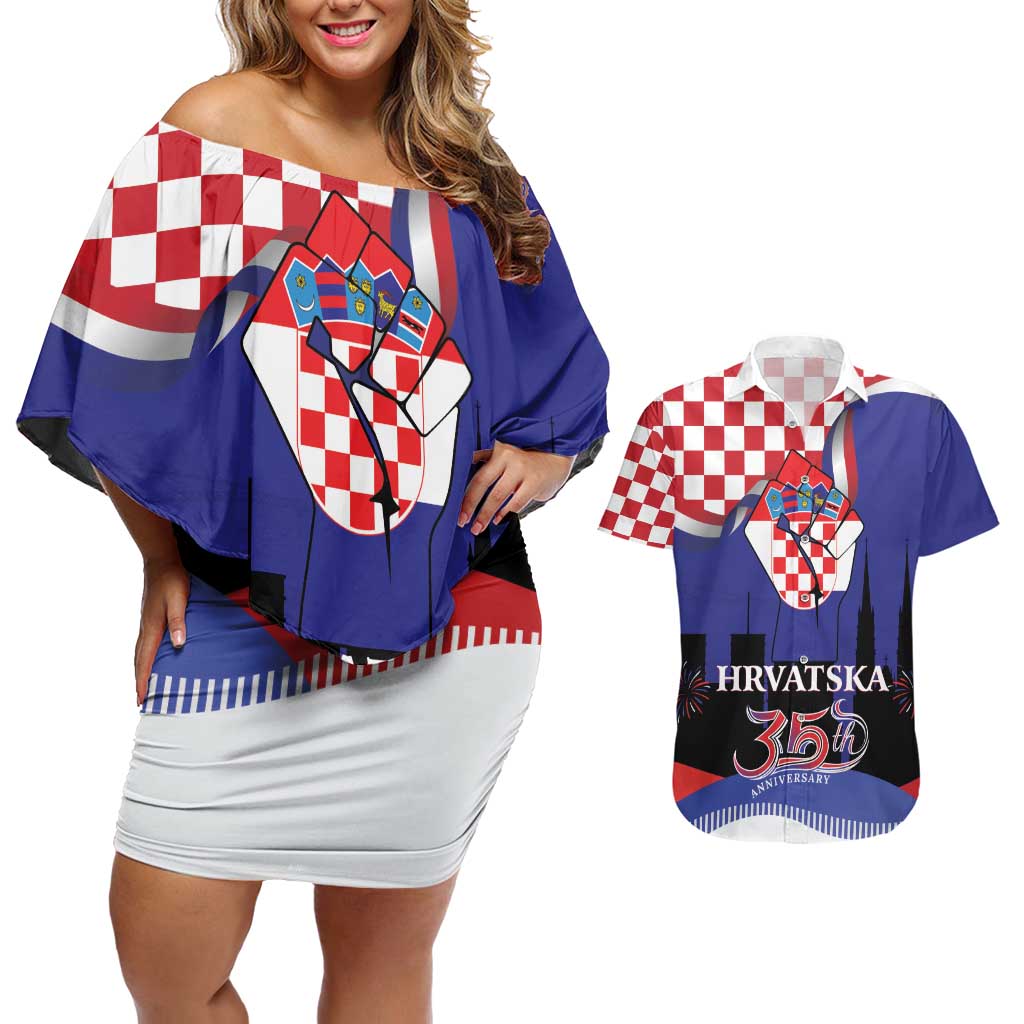 Croatia Independence Day Couples Matching Off Shoulder Short Dress and Hawaiian Shirt Hrvatska Checkerboard 35th Anniversary