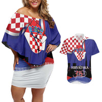 Croatia Independence Day Couples Matching Off Shoulder Short Dress and Hawaiian Shirt Hrvatska Checkerboard 35th Anniversary