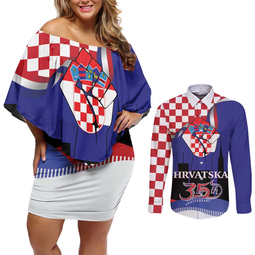 Croatia Independence Day Couples Matching Off Shoulder Short Dress and Long Sleeve Button Shirt Hrvatska Checkerboard 35th Anniversary