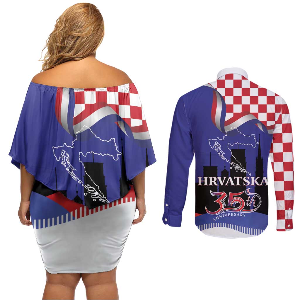 Croatia Independence Day Couples Matching Off Shoulder Short Dress and Long Sleeve Button Shirt Hrvatska Checkerboard 35th Anniversary
