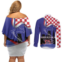 Croatia Independence Day Couples Matching Off Shoulder Short Dress and Long Sleeve Button Shirt Hrvatska Checkerboard 35th Anniversary