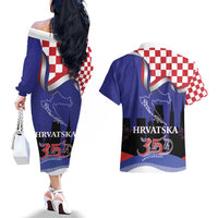 Croatia Independence Day Couples Matching Off The Shoulder Long Sleeve Dress and Hawaiian Shirt Hrvatska Checkerboard 35th Anniversary
