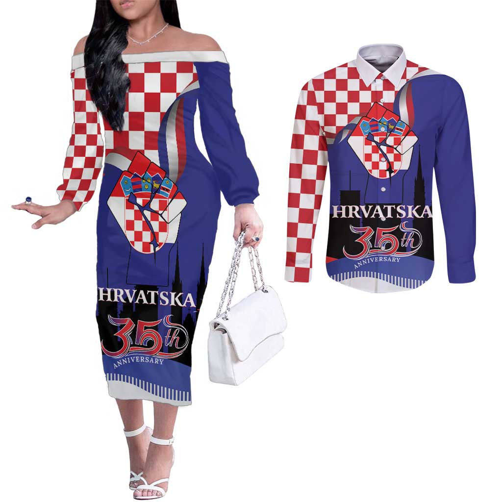 Croatia Independence Day Couples Matching Off The Shoulder Long Sleeve Dress and Long Sleeve Button Shirt Hrvatska Checkerboard 35th Anniversary