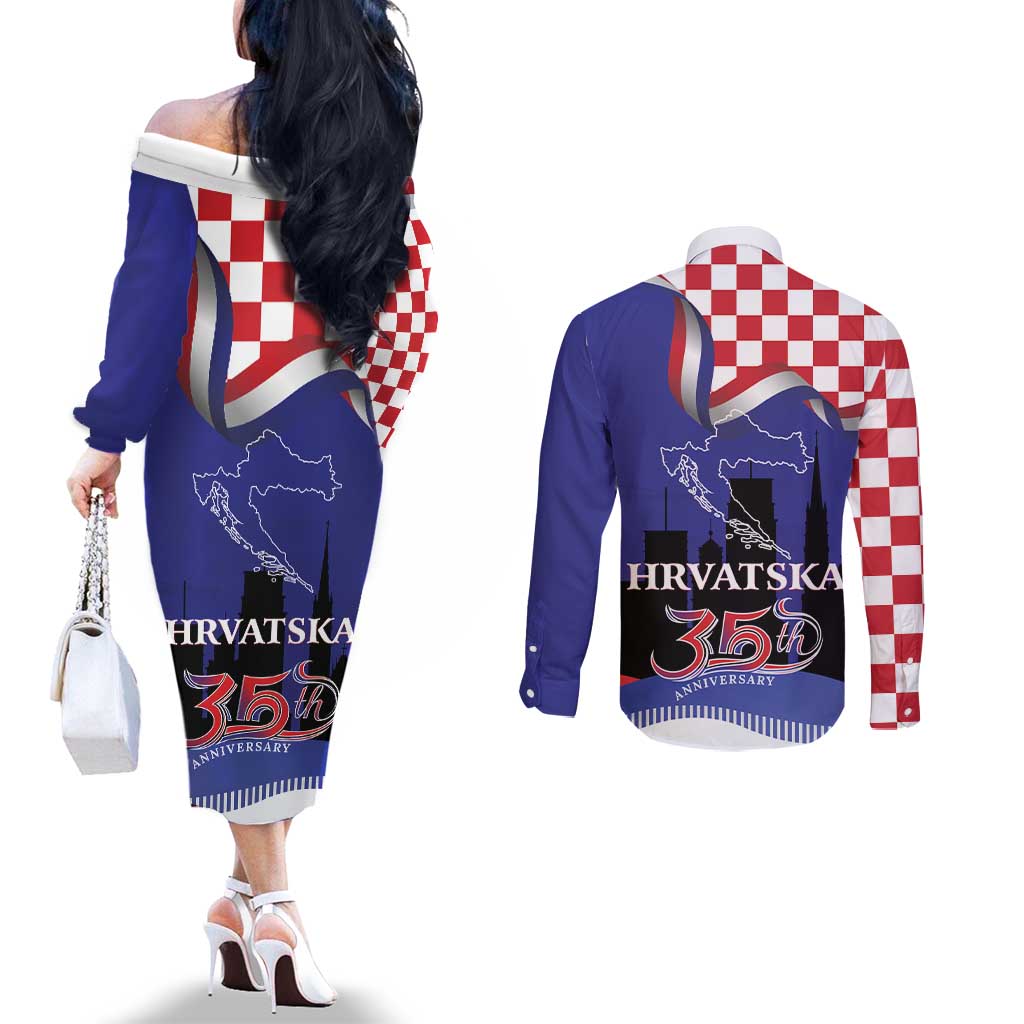 Croatia Independence Day Couples Matching Off The Shoulder Long Sleeve Dress and Long Sleeve Button Shirt Hrvatska Checkerboard 35th Anniversary