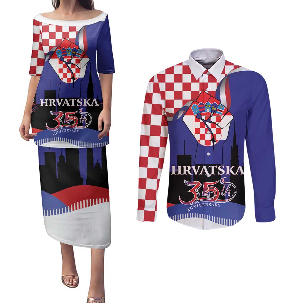 Croatia Independence Day Couples Matching Puletasi and Long Sleeve Button Shirt Hrvatska Checkerboard 35th Anniversary