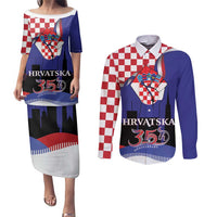 Croatia Independence Day Couples Matching Puletasi and Long Sleeve Button Shirt Hrvatska Checkerboard 35th Anniversary