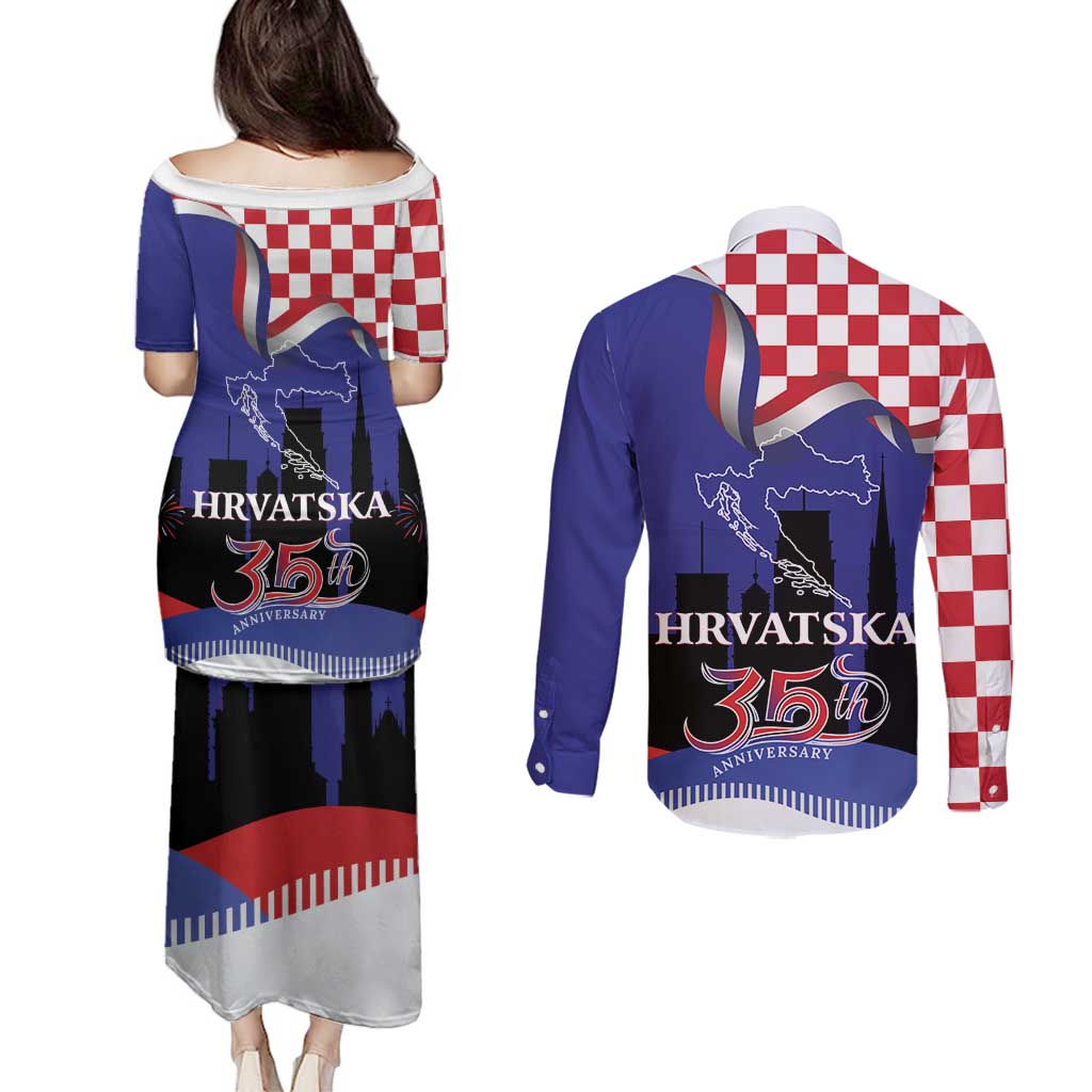 Croatia Independence Day Couples Matching Puletasi and Long Sleeve Button Shirt Hrvatska Checkerboard 35th Anniversary