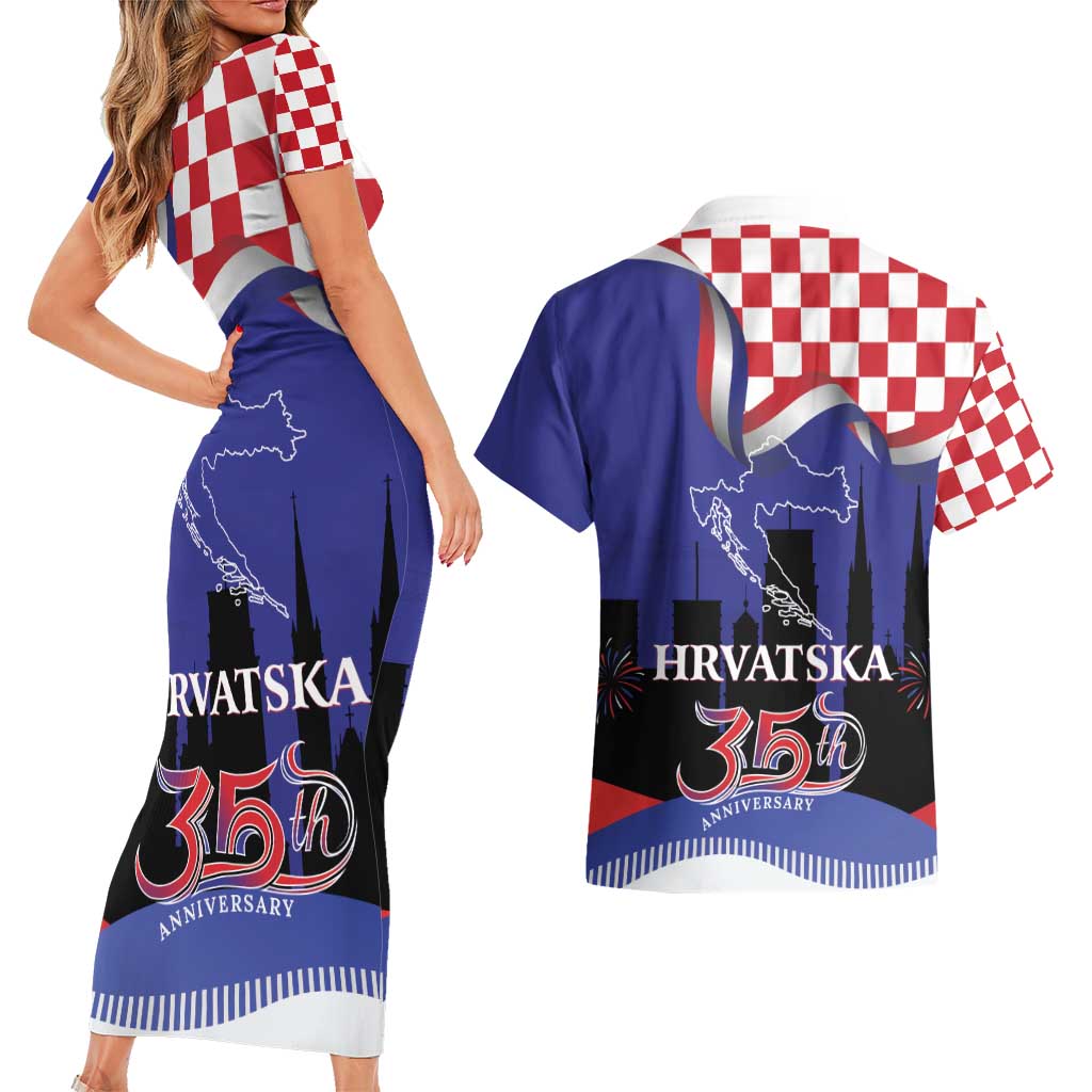 Croatia Independence Day Couples Matching Short Sleeve Bodycon Dress and Hawaiian Shirt Hrvatska Checkerboard 35th Anniversary