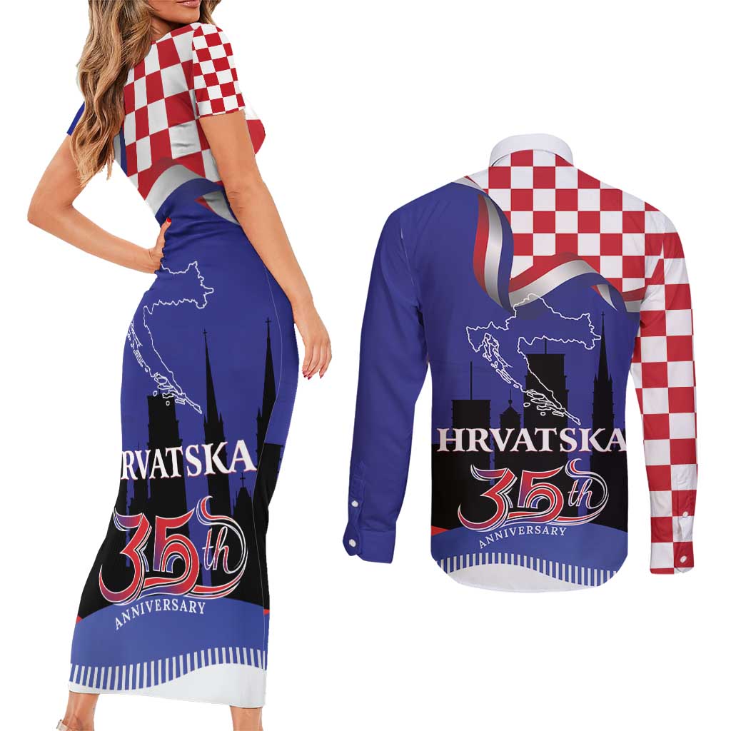 Croatia Independence Day Couples Matching Short Sleeve Bodycon Dress and Long Sleeve Button Shirt Hrvatska Checkerboard 35th Anniversary